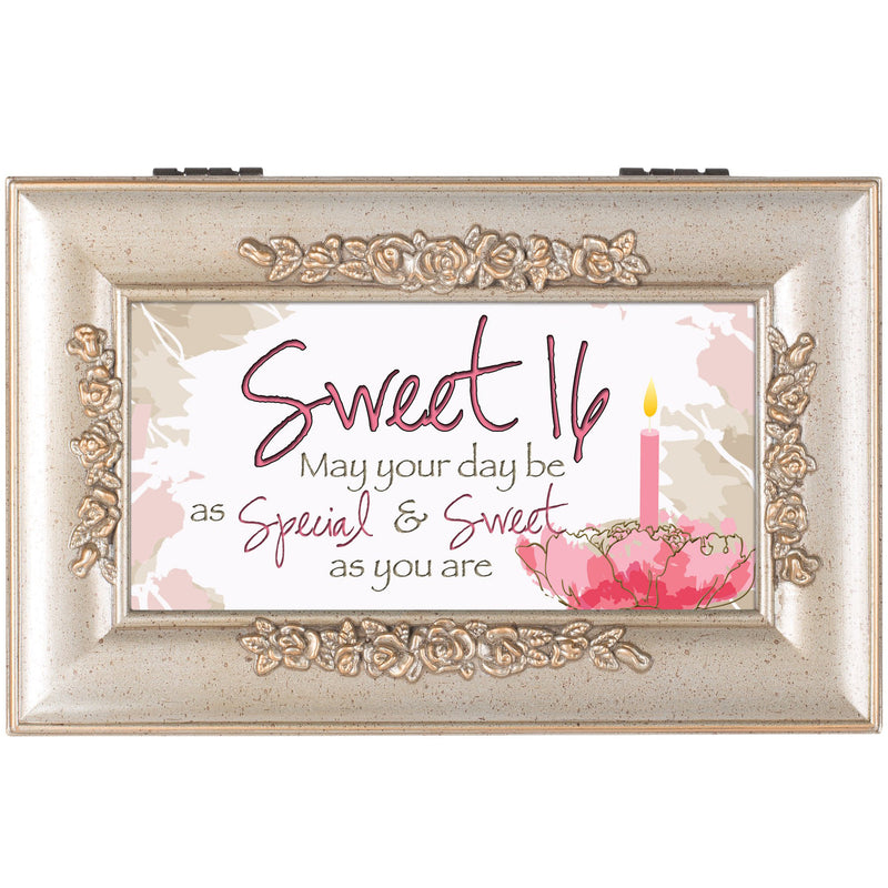 Cottage Garden Sweet Sixteen Your Special Day Silvertone Embossed Jewelry Music Box Plays You Light Up My Life
