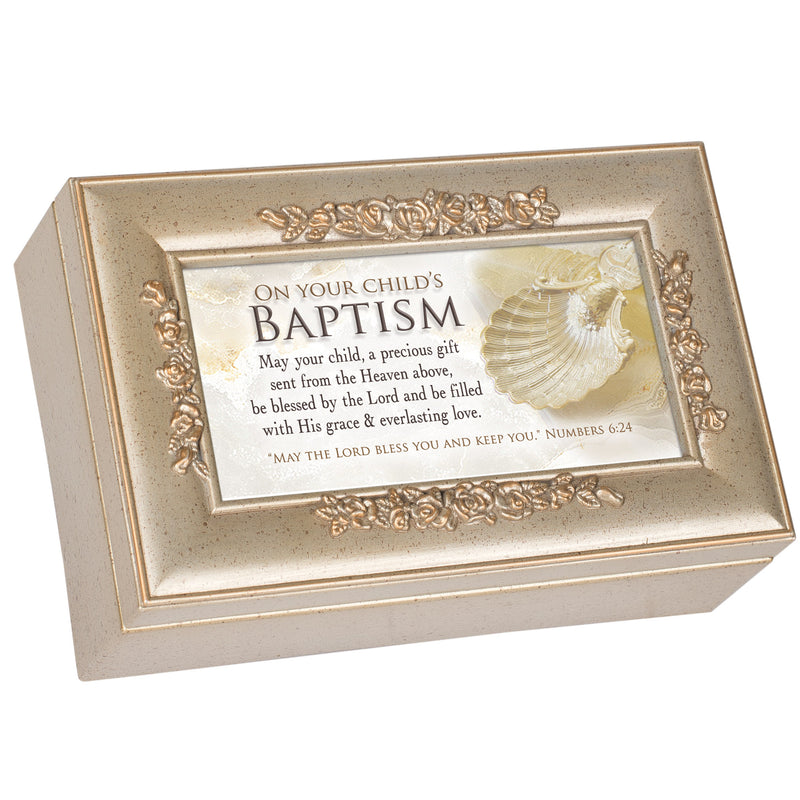 On Your Child's Baptism Petite Rose Music Box Plays Amazing Grace