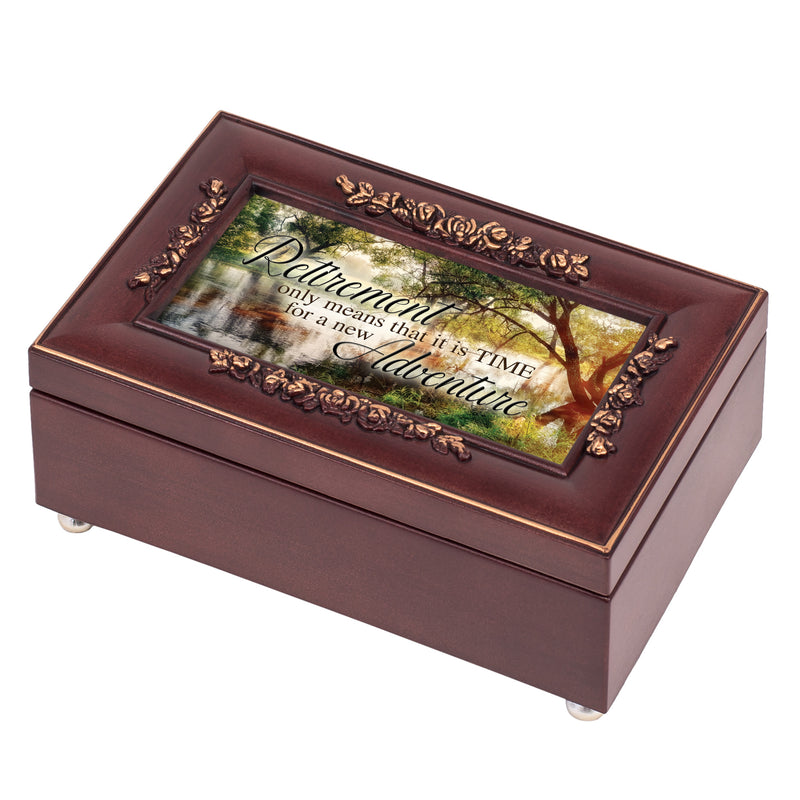 Cottage Garden Retirement Wooded Pond Scene Rose Wood Finish Jewelry Music Box Plays Canon in D