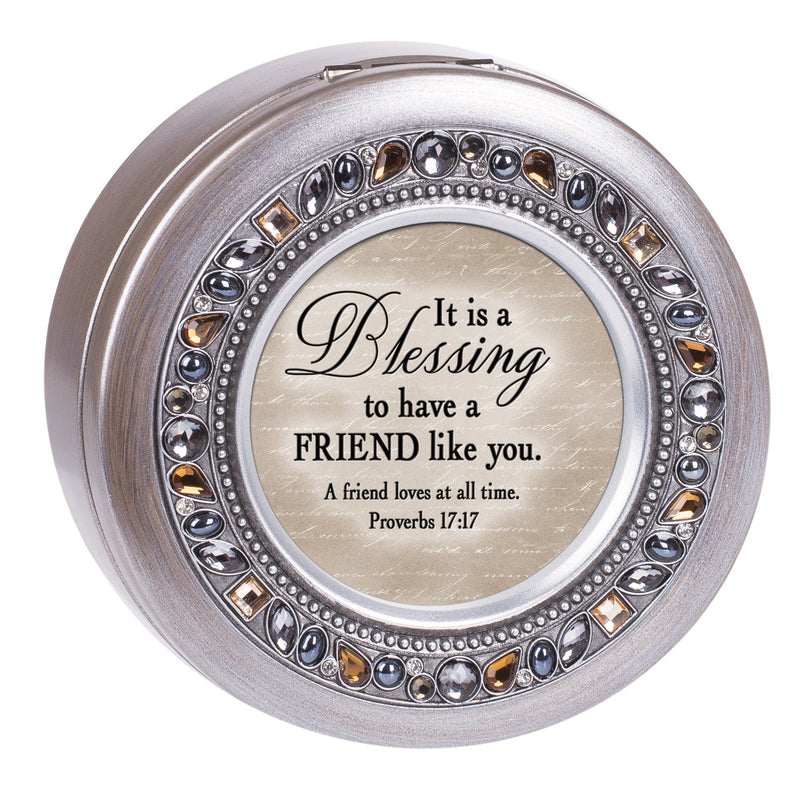 Friend Pewter Round Jeweled Music Box Plays Amazing Grace