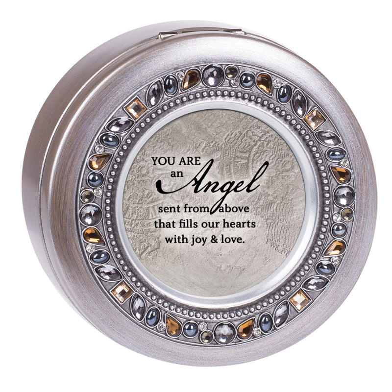 Angel Pewter Round Jeweled Round Music Box Plays Amazing Grace
