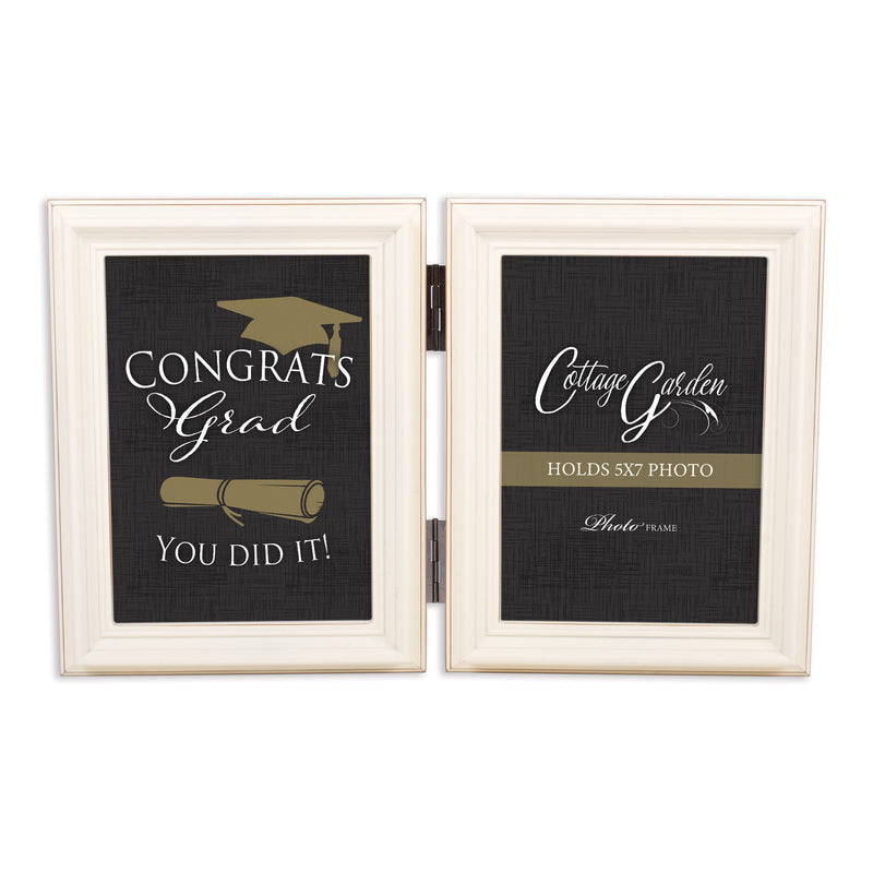 Congrats Grad Ivory  Wood Hinged Double Tabletop Photo Frame- Holds two 5x7 Photos