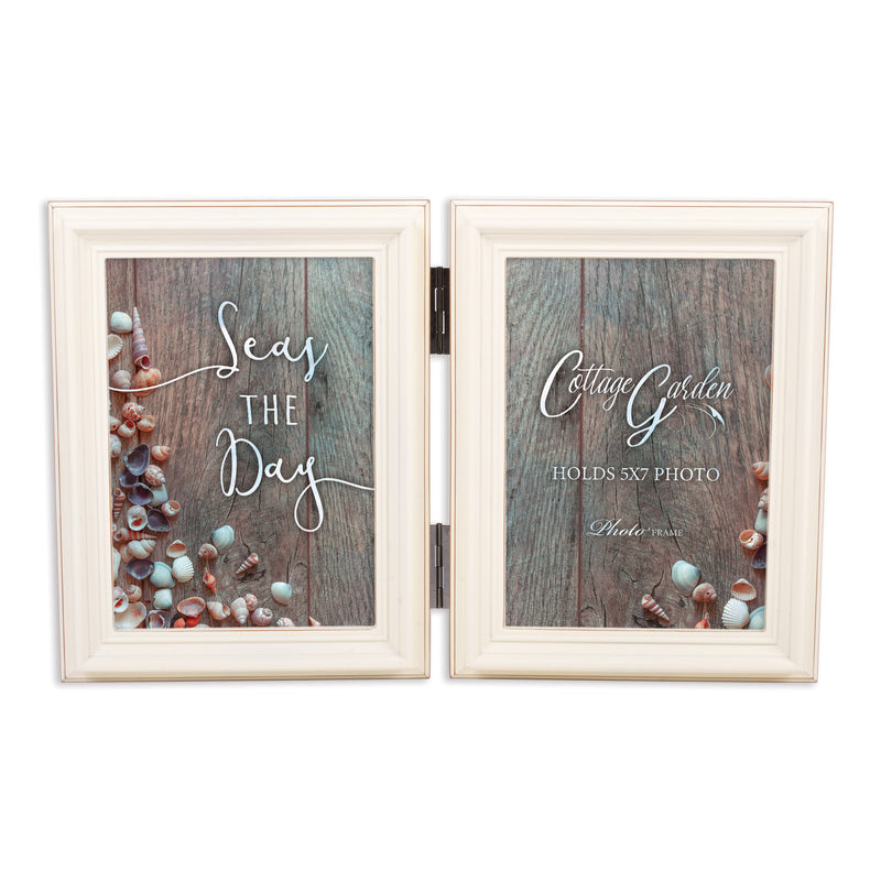Seas The Day Ivory  Wood Hinged Double Tabletop Photo Frame- Holds two 5x7 Photos