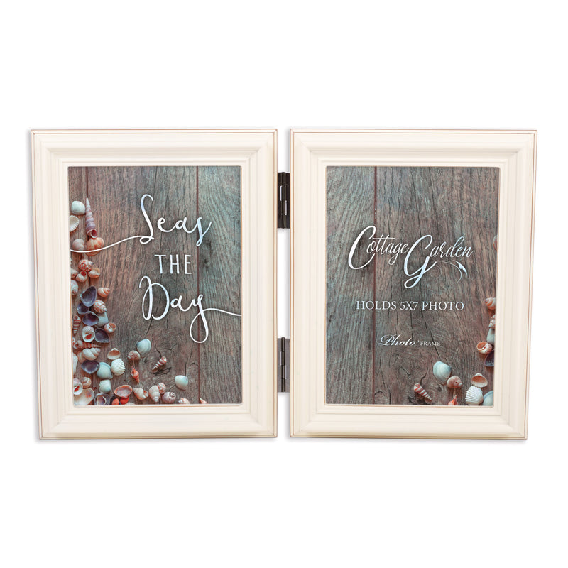 Seas The Day Ivory  Wood Hinged Double Tabletop Photo Frame- Holds two 5x7 Photos