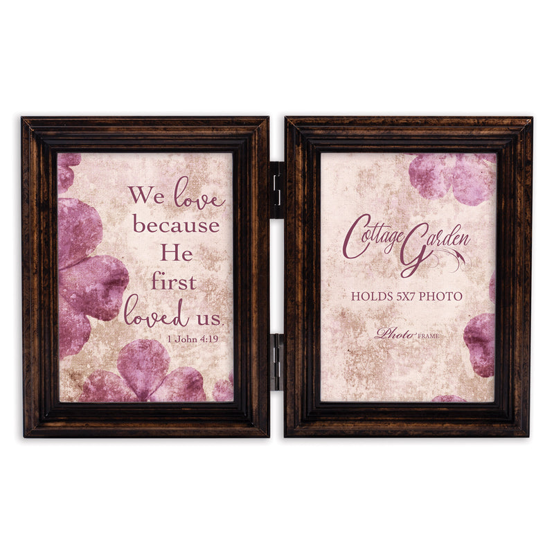 He First Loved Us Amber  Wood Double Tabletop Photo Frame- Holds two 5x7 Photos