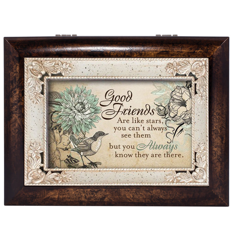 Cottage Garden Good Friends are Like Stars Burlwood Jewelry Music Box Plays Amazing Grace