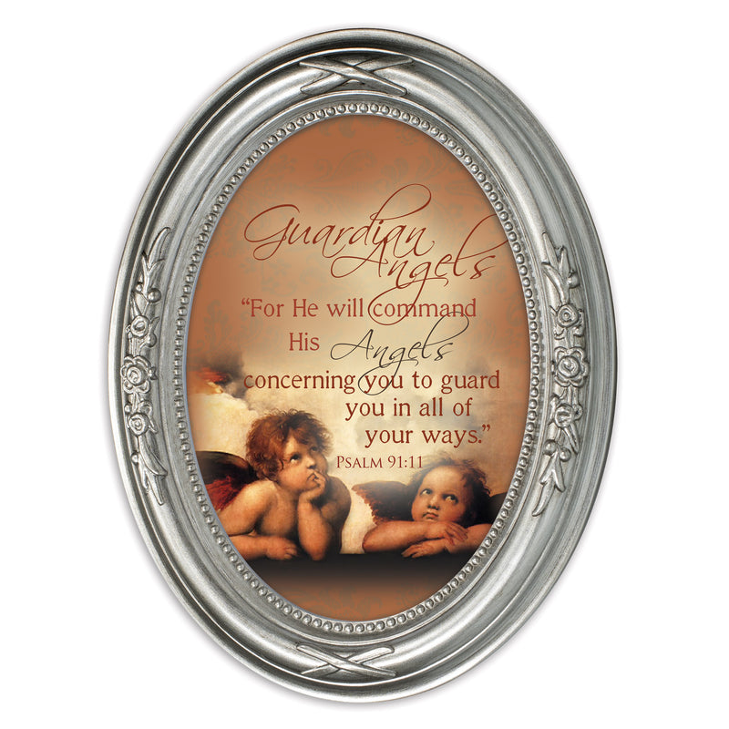 Guardian Angels Brushed Silver Floral 5 x 7 Oval Photo Frame