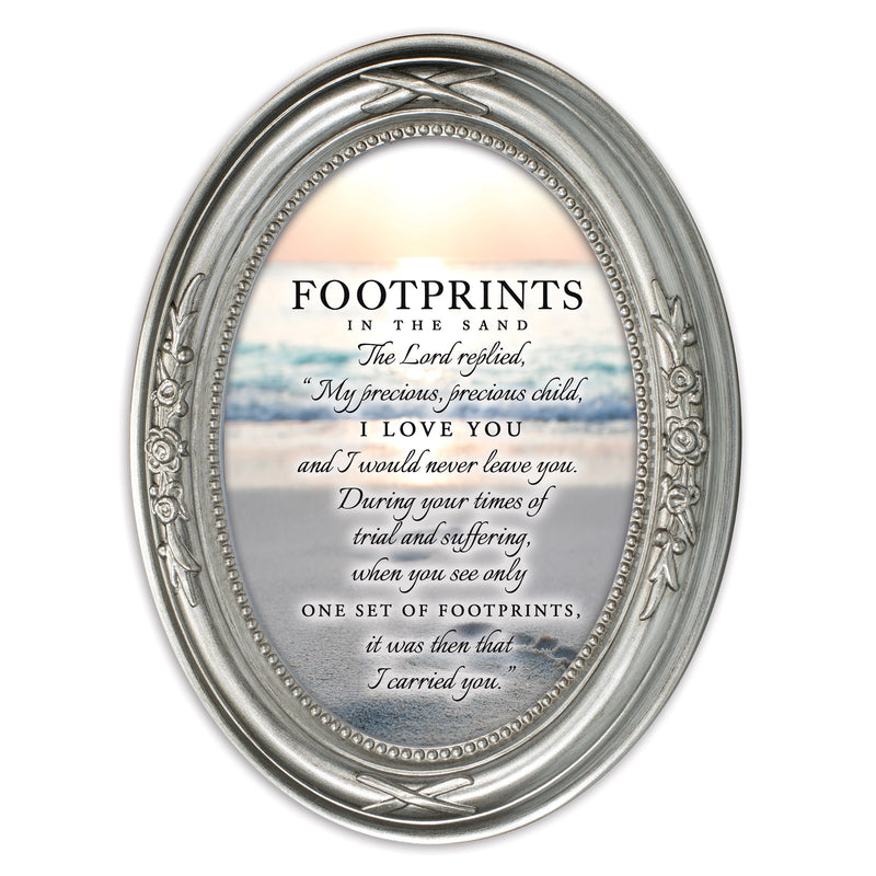 Footprints In The Sand Brushed Silver Floral 5 x 7 Oval Photo Frame