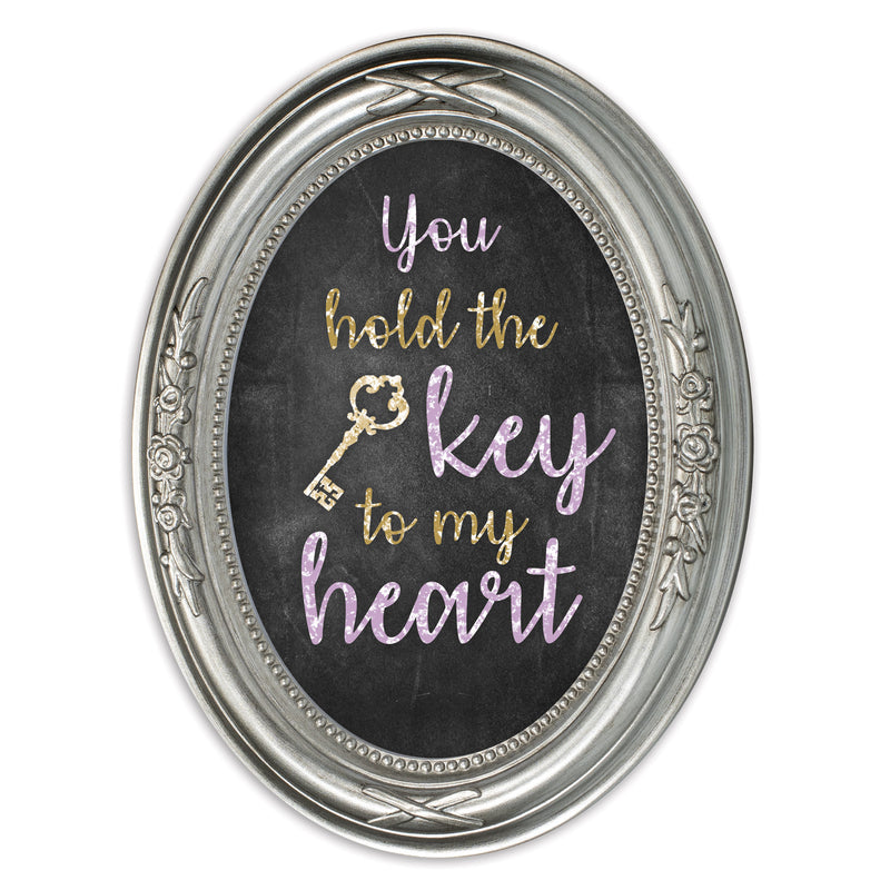 The Key To My Heart Brushed Silver Floral 5 x 7 Oval Photo Frame