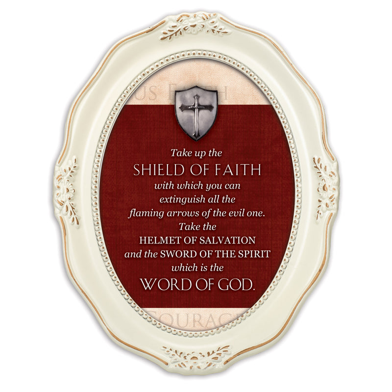 Shield of Faith The Word of God Distressed Ivory Wavy 5 x 7 Oval Table and Wall Photo Frame