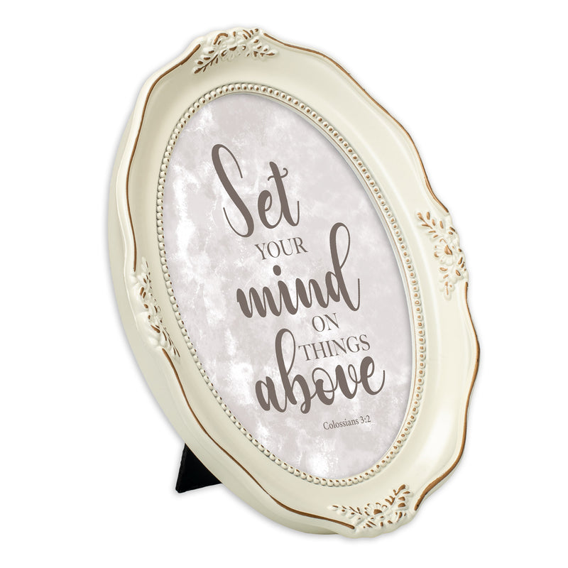 Set Your Mind Above Distressed Ivory Wavy 5 x 7 Oval Table and Wall Photo Frame