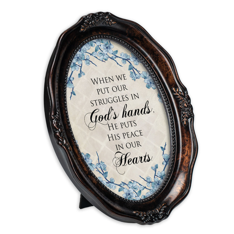 He Gives Peace Burlwood Finish Wavy 5 x 7 Oval Table and Wall Photo Frame