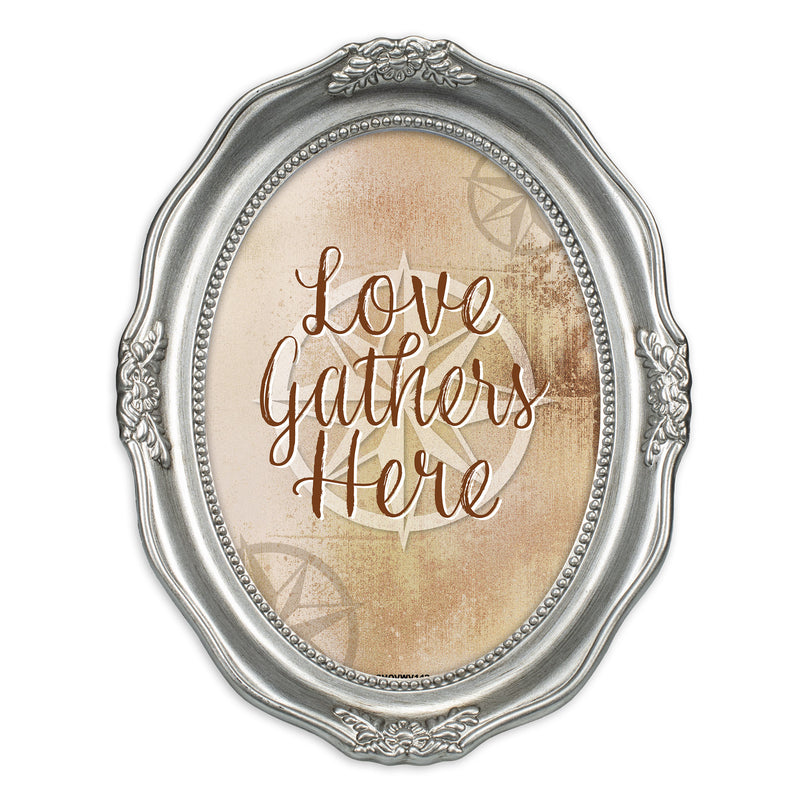 Love Gathers Here Brushed Silver Wavy 5 x 7 Oval Table and Wall Photo Frame