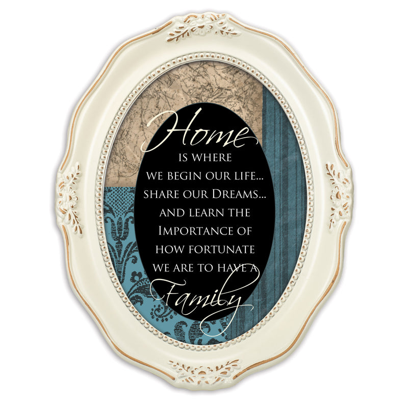 Home Is Where We Begin Life Distressed Ivory Wavy 5 x 7 Oval Table and Wall Photo Frame