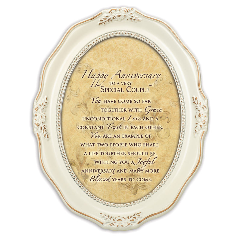 Happy Anniversary Special Couple Distressed Ivory Wavy 5 x 7 Oval Table and Wall Photo Frame