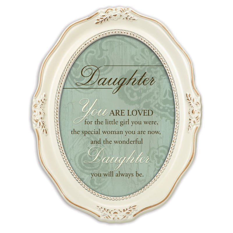 Daughter You Are Loved Distressed Ivory Wavy 5 x 7 Oval Table and Wall Photo Frame