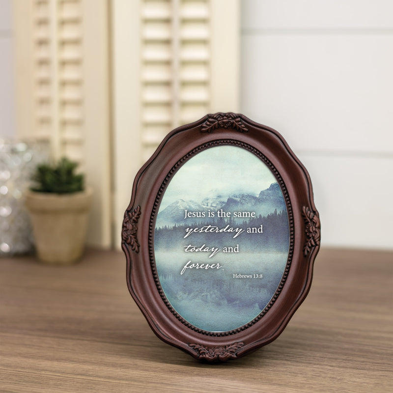 Jesus Is The Same Today And Forever Mahogany 5 x 7 Oval Wall And Tabletop Photo Frame