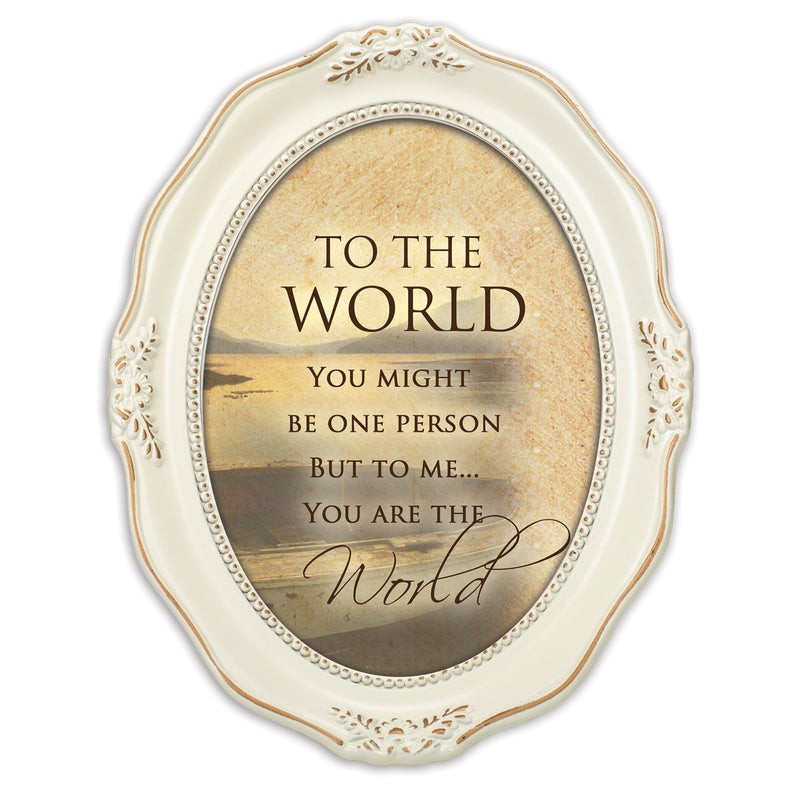 To Me You Are the World Distressed Ivory Wavy 5 x 7 Oval Table and Wall Photo Frame
