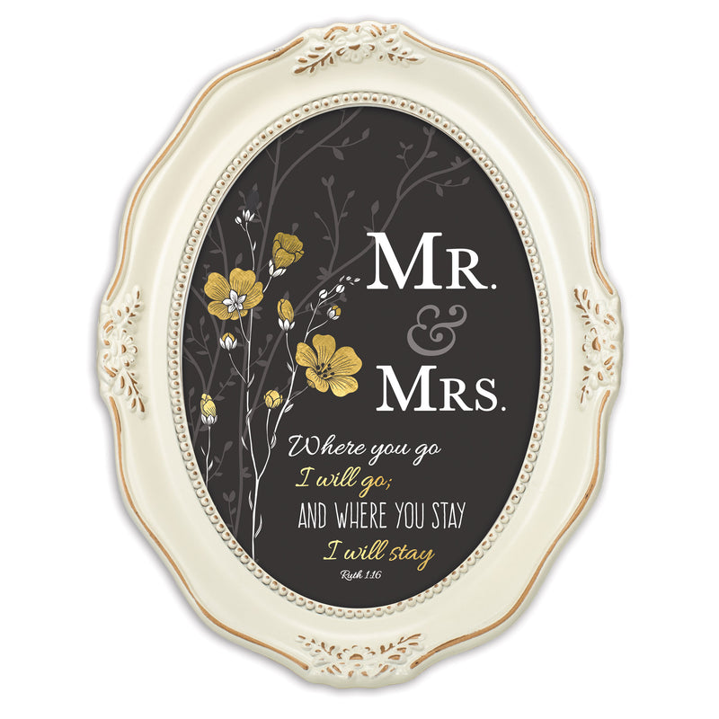 Mr. & Mrs. You Stay Inspirational Distressed Ivory Wavy 5 x 7 Oval Table and Wall Photo Frame