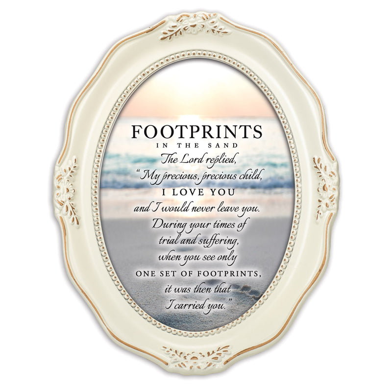 Footprints In The Sand Distressed Ivory Wavy 5 x 7 Oval Table and Wall Photo Frame