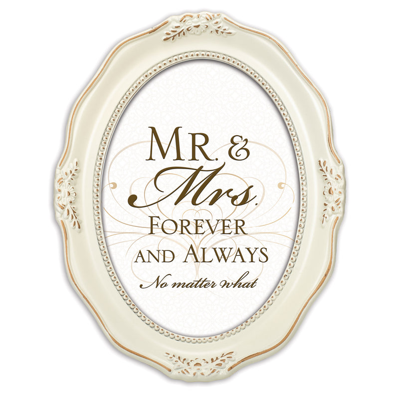 Mr. & Mrs. Forever And Always Distressed Ivory Wavy 5 x 7 Oval Table and Wall Photo Frame