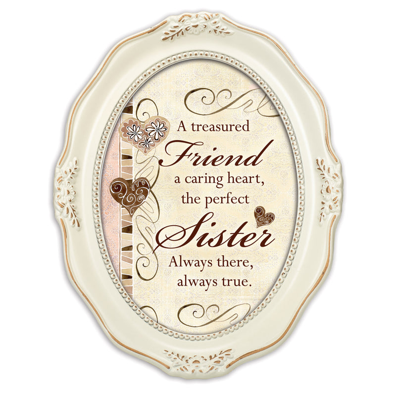 Treasured Friend Caring Heart Distressed Ivory Wavy 5 x 7 Oval Table and Wall Photo Frame