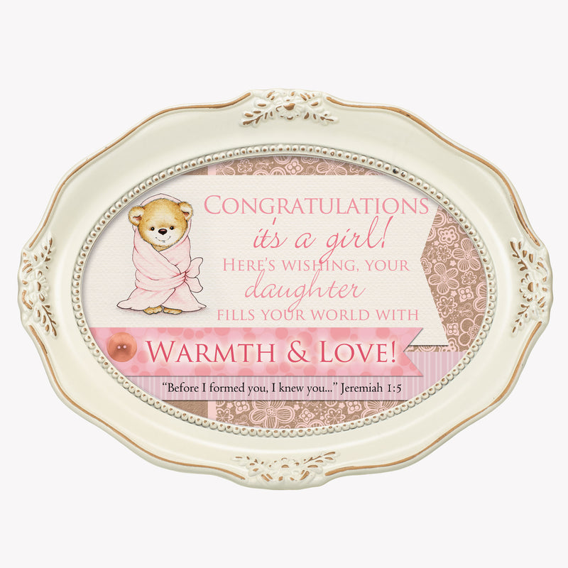 It's A Girl Inspirational Distressed Ivory Wavy 5 x 7 Oval Table and Wall Photo Frame