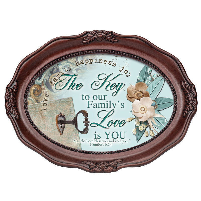 Key To Family's Love Inspirational Mahogany Finish Wavy 5 x 7 Oval Table and Wall Photo Frame
