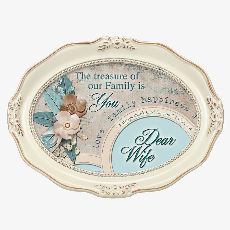 Wife Treasure Family Inspirational Distressed Ivory Wavy 5 x 7 Oval Table and Wall Photo Frame