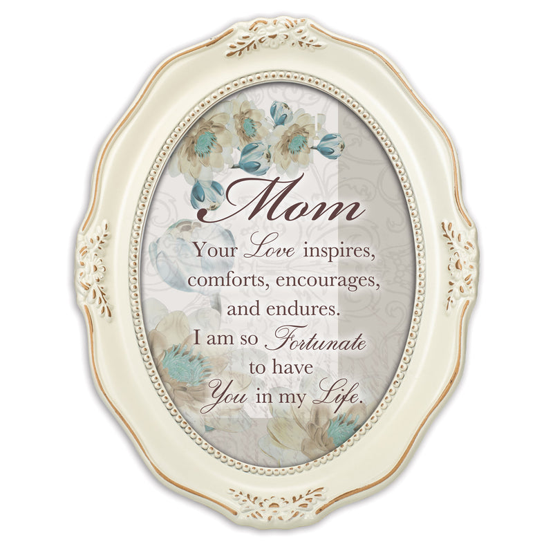 Mom Inspires Comforts Encourages Distressed Ivory Wavy 5 x 7 Oval Table and Wall Photo Frame