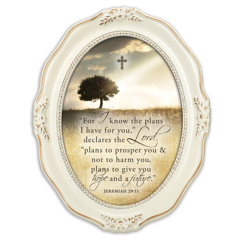 For I Know The Plans Inspirational Distressed Ivory Wavy 5 x 7 Oval Table and Wall Photo Frame
