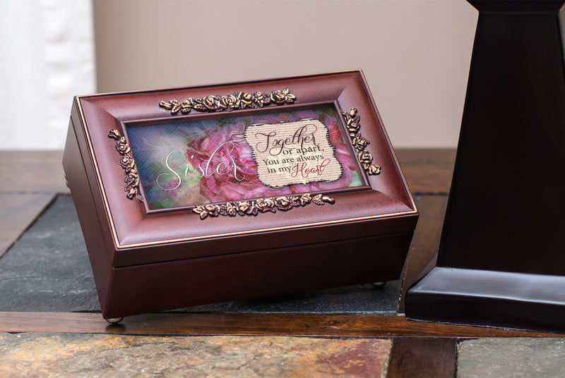 Cottage Garden Sister Always in My Heart Rosewood Silver Trim Rose Music Box - Plays Tune Canon in D