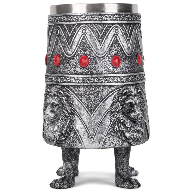 Cottage Garden Lion Antique Silver Jeweled 14 ounce Resin Goblet Chalice Mug