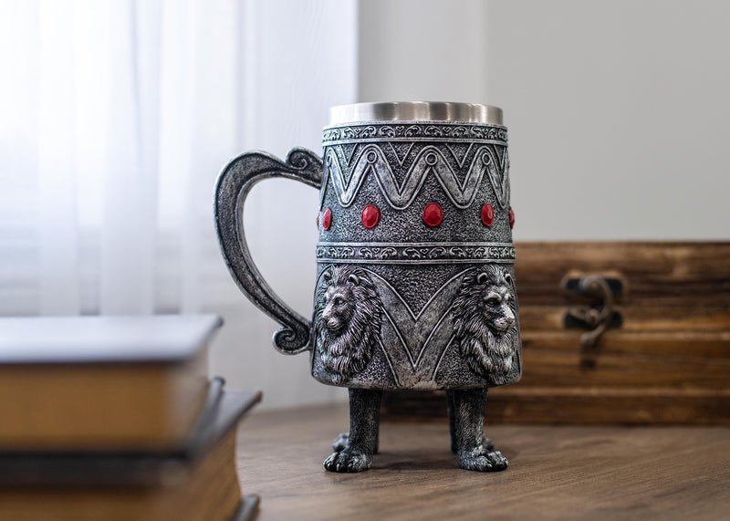 Cottage Garden Lion Antique Silver Jeweled 14 ounce Resin Goblet Chalice Mug