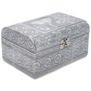 Cottage Garden Elephant Silver Tone Metal Stamped Round Top Trunk Keepsake Box