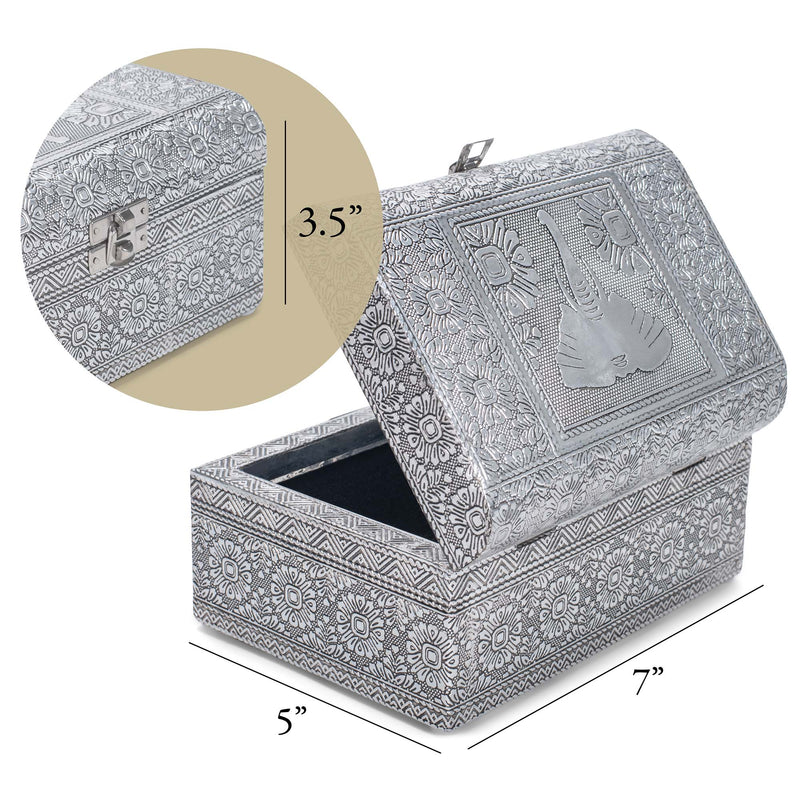 Cottage Garden Elephant Silver Tone Metal Stamped Round Top Trunk Keepsake Box
