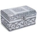 Cottage Garden Moroccan Silver Tone Metal Stamped Round Top Trunk Keepsake Box