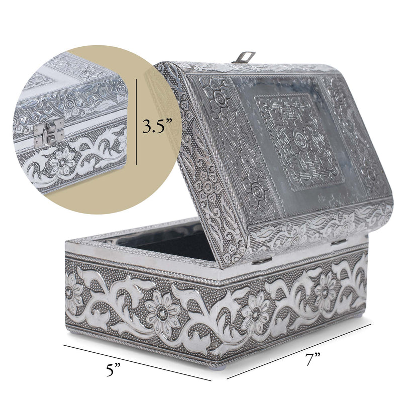 Cottage Garden Moroccan Silver Tone Metal Stamped Round Top Trunk Keepsake Box