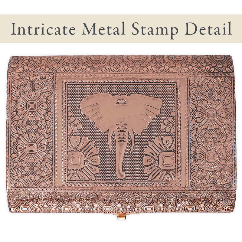 Cottage Garden Elephant Copper Tone Metal Stamped Round Top Trunk Keepsake Box