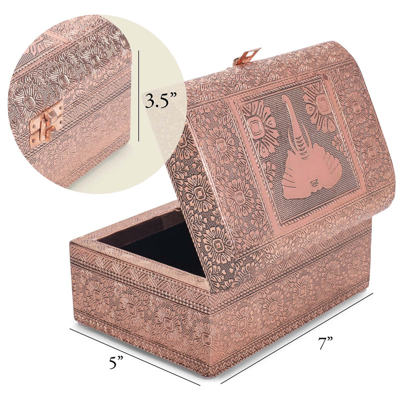 Cottage Garden Elephant Copper Tone Metal Stamped Round Top Trunk Keepsake Box