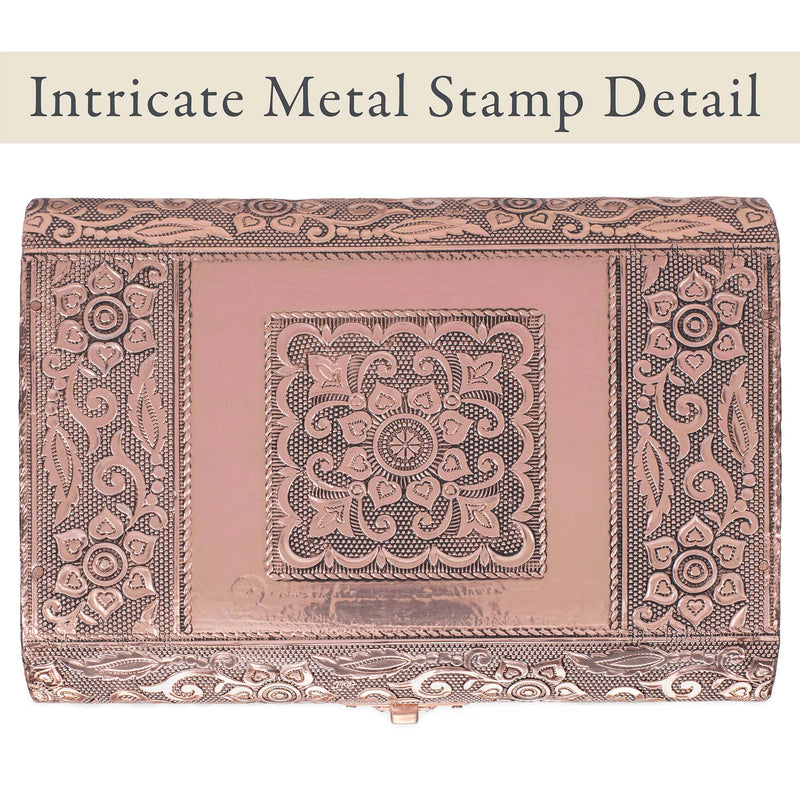 Cottage Garden Moroccan Copper Tone Metal Stamped Round Top Trunk Keepsake Box