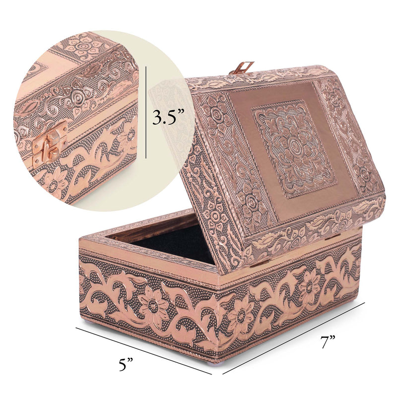 Cottage Garden Moroccan Copper Tone Metal Stamped Round Top Trunk Keepsake Box